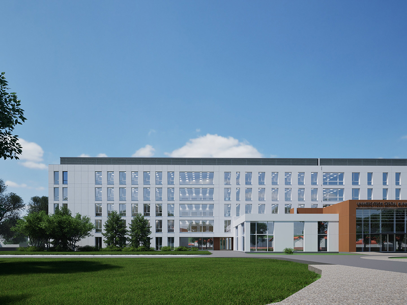 Wizualizacja przedstawia kilkukondygnacyjny, jasny budynek szpitala, z dużymi oknami. Elewacja holu wejściowego jest w kolorze brązowym. Znajduje się na nim napis: Uniwersytecki Szpital Kliniczny w Poznaniu. Wizualizacja pochodzi z archiwum beneficjenta.