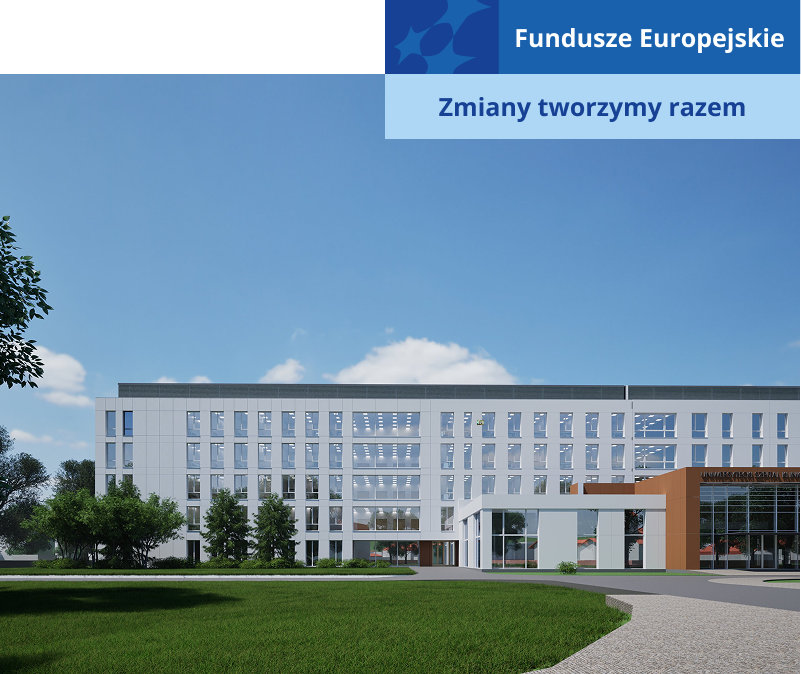 Wizualizacja przedstawia kilkukondygnacyjny, jasny budynek szpitala, z dużymi oknami. Elewacja holu wejściowego jest w kolorze brązowym. Znajduje się na nim napis: Uniwersytecki Szpital Kliniczny w Poznaniu. Wizualizacja pochodzi z archiwum beneficjenta.