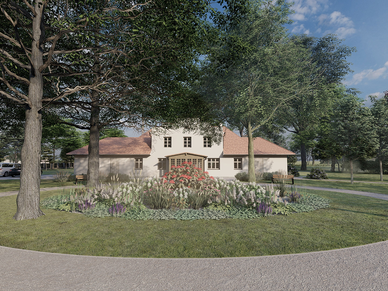 Wizualizacja przedstawia niewielki dworek położony w urokliwym parku. Wizualizacja pochodzi z archiwum beneficjenta.