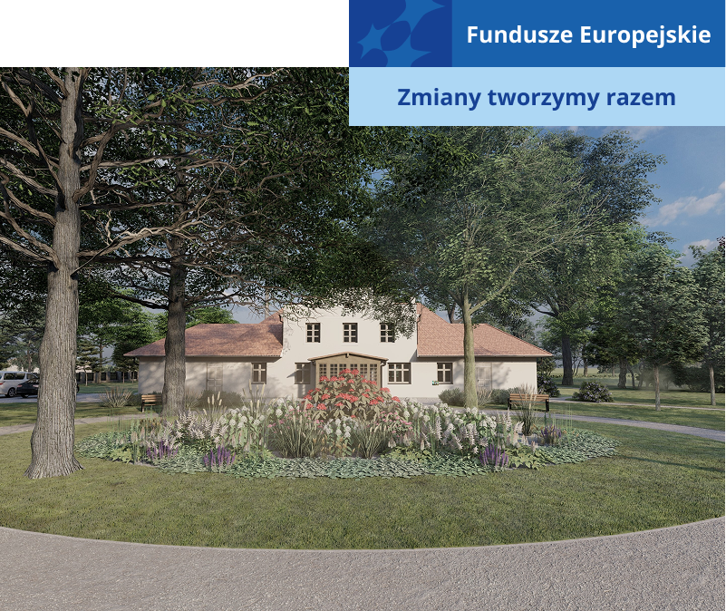 Wizualizacja przedstawia niewielki dworek położony w urokliwym parku. Wizualizacja pochodzi z archiwum beneficjenta.