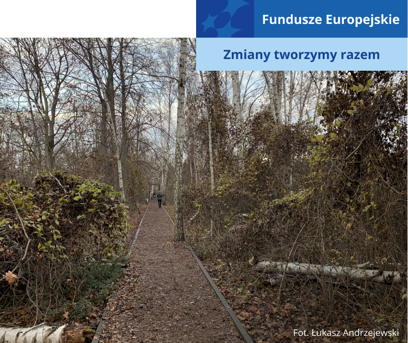 Na zdjęciu widoczne są nieczynne tory kolejowe, które przekształcono w ścieżkę. Po obu jej stronach rośnie dzika roślinność. Autorem fotografii jest Łukasz Andrzejewski.