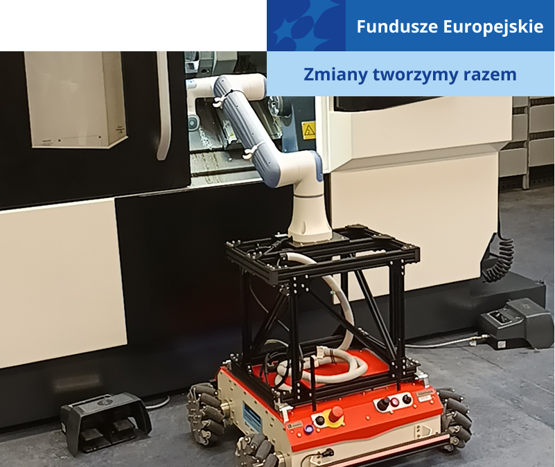 Fotografia ukazuje wyposażenie laboratorium maszyn inteligentnych. Widoczne jest między innymi ramię robotyczne, chwytak, kamera, tokarka sterowana numerycznie i platforma jezdna. Zdjęcie pochodzi z archiwum Urzędu Marszałkowskiego Województwa Wielkopolskiego.