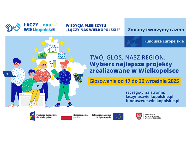 Baner składa się z kilku elementów. Górna belka to logo plebiscytu „Łączy nas Wielkopolskie” utrzymane w niebieskiej kolorystyce. Obok znajduje się napis „Czwarta edycja plebiscytu Łączy nas Wielkopolskie”. W prawym górnym rogu jest belka z napisem „Zmiany tworzymy razem. Fundusze Europejskie”. Lewą część baneru zajmuje grafika. To kontury województwa wielkopolskiego z symbolami wiatraków, domu, lasu czy drogi. Są też komiksowi ludzie w kolorowych ubraniach, korzystający z urządzeń elektronicznych – tabletów czy laptopów. Prawa strona baneru to napisy: Twój głos. Nasz region. Wybierz najlepsze projekty zrealizowane w Wielkopolsce. Głosowanie od 17 do 26 września 2025. Szczegóły na stronie laczynaswielkopolskie.pl i funduszeue.wielkopolskie.pl. Dolna belka składa się z logotypów: Funduszy Europejskich dla Wielkopolski, Rzeczpospolitej Polskiej i Dofinansowane przez Unię Europejską. Oddzielone pionową kreską jest również logo Województwa Wielkopolskiego.
