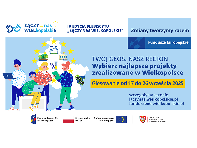 Baner składa się z kilku elementów. Górna belka to logo plebiscytu „Łączy nas Wielkopolskie” utrzymane w niebieskiej kolorystyce. Obok znajduje się napis „Czwarta edycja plebiscytu Łączy nas Wielkopolskie”. W prawym górnym rogu jest belka z napisem „Zmiany tworzymy razem. Fundusze Europejskie”. Lewą część baneru zajmuje grafika. To kontury województwa wielkopolskiego z symbolami wiatraków, domu, lasu czy drogi. Są też komiksowi ludzie w kolorowych ubraniach, korzystający z urządzeń elektronicznych – tabletów czy laptopów. Prawa strona baneru to napisy: Twój głos. Nasz region. Wybierz najlepsze projekty zrealizowane w Wielkopolsce. Głosowanie od 17 do 26 września 2025. Szczegóły na stronie laczynaswielkopolskie.pl i funduszeue.wielkopolskie.pl. Dolna belka składa się z logotypów: Funduszy Europejskich dla Wielkopolski, Rzeczpospolitej Polskiej i Dofinansowane przez Unię Europejską. Oddzielone pionową kreską jest również logo Województwa Wielkopolskiego.