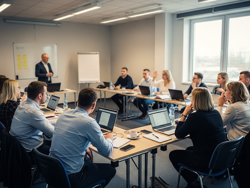 Fotografię wykonano w trakcie zebrania. Przy długim stole w kształcie podkowy siedzi kilkanaście osób – kobiet i mężczyzn. Przed sobą mają laptopy i notatki. Z przodu, pod wiszącą na ścianie tablicą, stoi mężczyzna prowadzący spotkanie. Przed nim również znajduje się niewielki stolik z laptopem i notatkami. Zdjęcie pochodzi z archiwum Wielkopolskiej Agencji Rozwoju Przedsiębiorczości.