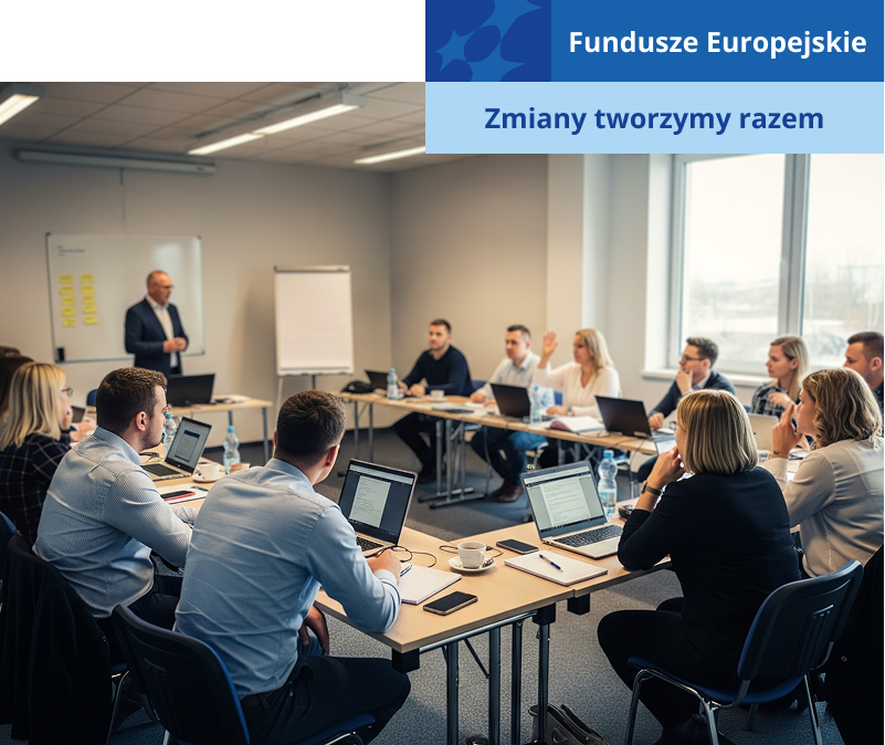 Fotografię wykonano w trakcie zebrania. Przy długim stole w kształcie podkowy siedzi kilkanaście osób – kobiet i mężczyzn. Przed sobą mają laptopy i notatki. Z przodu, pod wiszącą na ścianie tablicą, stoi mężczyzna prowadzący spotkanie. Przed nim również znajduje się niewielki stolik z laptopem i notatkami. Zdjęcie pochodzi z archiwum Wielkopolskiej Agencji Rozwoju Przedsiębiorczości.