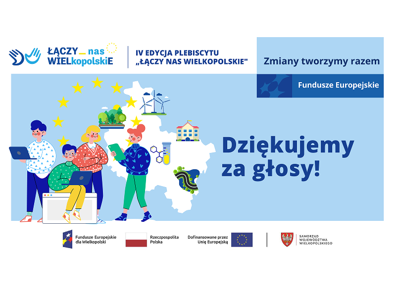 Baner składa się z kilku elementów. Górna belka to logo plebiscytu „Łączy nas Wielkopolskie” utrzymane w niebieskiej kolorystyce. Obok znajduje się napis „Czwarta edycja plebiscytu Łączy nas Wielkopolskie”. W prawym górnym rogu jest belka z napisem „Zmiany tworzymy razem. Fundusze Europejskie”. Lewą część baneru zajmuje grafika. To kontury województwa wielkopolskiego z symbolami wiatraków, domu, lasu czy drogi. Są też komiksowi ludzie w kolorowych ubraniach, korzystający z urządzeń elektronicznych – tabletów czy laptopów. Prawa strona baneru to napisy: Dziękujemy za głosy! Dolna belka składa się z logotypów: Funduszy Europejskich dla Wielkopolski, Rzeczpospolitej Polskiej i Dofinansowane przez Unię Europejską. Oddzielone pionową kreską jest również logo Województwa Wielkopolskiego.
