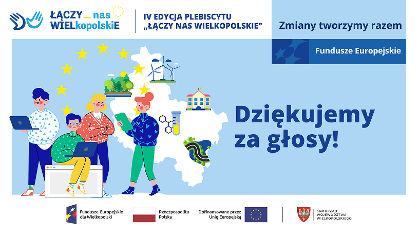 Baner składa się z kilku elementów. Górna belka to logo plebiscytu „Łączy nas Wielkopolskie” utrzymane w niebieskiej kolorystyce. Obok znajduje się napis „Czwarta edycja plebiscytu Łączy nas Wielkopolskie”. W prawym górnym rogu jest belka z napisem „Zmiany tworzymy razem. Fundusze Europejskie”. Lewą część baneru zajmuje grafika. To kontury województwa wielkopolskiego z symbolami wiatraków, domu, lasu czy drogi. Są też komiksowi ludzie w kolorowych ubraniach, korzystający z urządzeń elektronicznych – tabletów czy laptopów. Prawa strona baneru to napisy: Dziękujemy za głosy! Dolna belka składa się z logotypów: Funduszy Europejskich dla Wielkopolski, Rzeczpospolitej Polskiej i Dofinansowane przez Unię Europejską. Oddzielone pionową kreską jest również logo Województwa Wielkopolskiego.