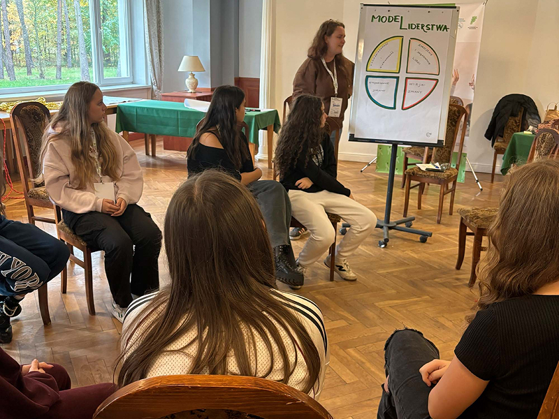 Fotografię wykonano w trakcie szkolenia. Na krzesłach siedzi kilkunastu młodych ludzi. Przed nimi stoi prowadząca szkolenie, która prezentuje na tablicy schemat dotyczący modeli liderstwa. Zdjęcie pochodzi z archiwum beneficjenta.