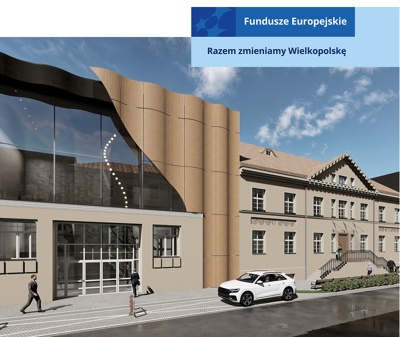 Wizualizacja przedstawia nowoczesny, częściowo przeszklony budynek, ze sporym falistym elementem, położony przy drodze. Materiały pochodzą z archiwum beneficjenta.