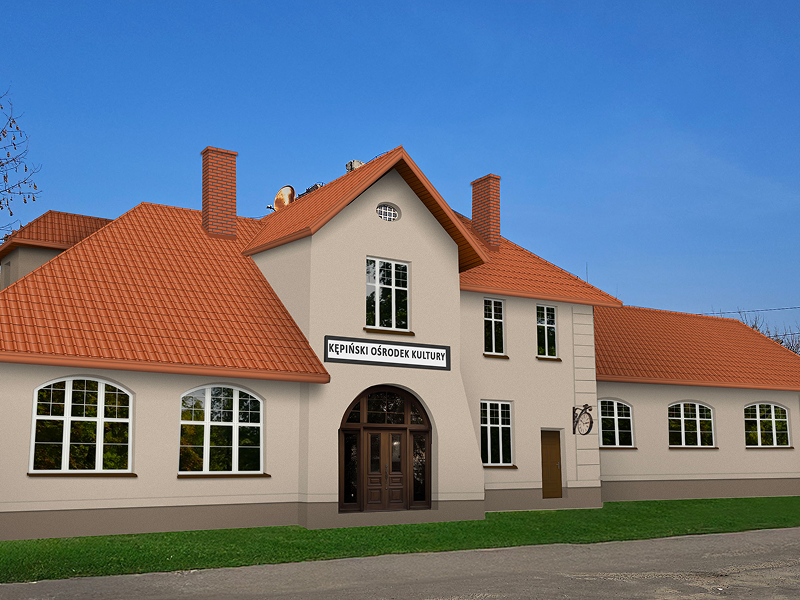 Wizualizacja przedstawia odnowiony budynek dawnego, niewielkiego dworca kolejowego. Dach kryty jest czerwoną dachówką. Nad zdjęciem widnieje napis Kępiński Ośrodek Kultury. Wizualizacja pochodzi z archiwum beneficjenta.