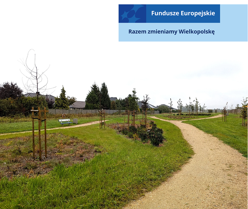 Zdjęcie ukazuje zielony skwer, z nasadzonymi roślinami i utwardzonymi ścieżkami. Fotografia pochodzi z archiwum Metropolii Poznań.