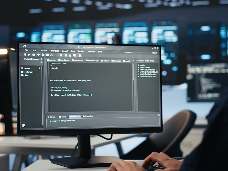 Zdjęcie przedstawia wnętrze centrum komputerowego. Na pierwszym planie widoczny jest monitor z wpisanymi komendami na czarnym ekranie, obsługiwany przez mężczyznę. W tle, rozmazane, widać kolejne monitory. Fotografia pochodzi z adobe stock.