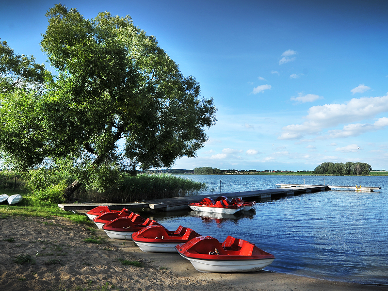 Na zdjęciu widoczne jest nabrzeże jeziora. Kilka czerwonych rowerków wodnych stoi na plaży, dwa kolejne zacumowane są do drewnianego pomostu. Dalej od zbiornika znajdują się obrócone do góry dnem, równo ustawione kajaki. Fotografia pochodzi z archiwum Stowarzyszenia Lokalnej Grupy Działania „Źródło”.