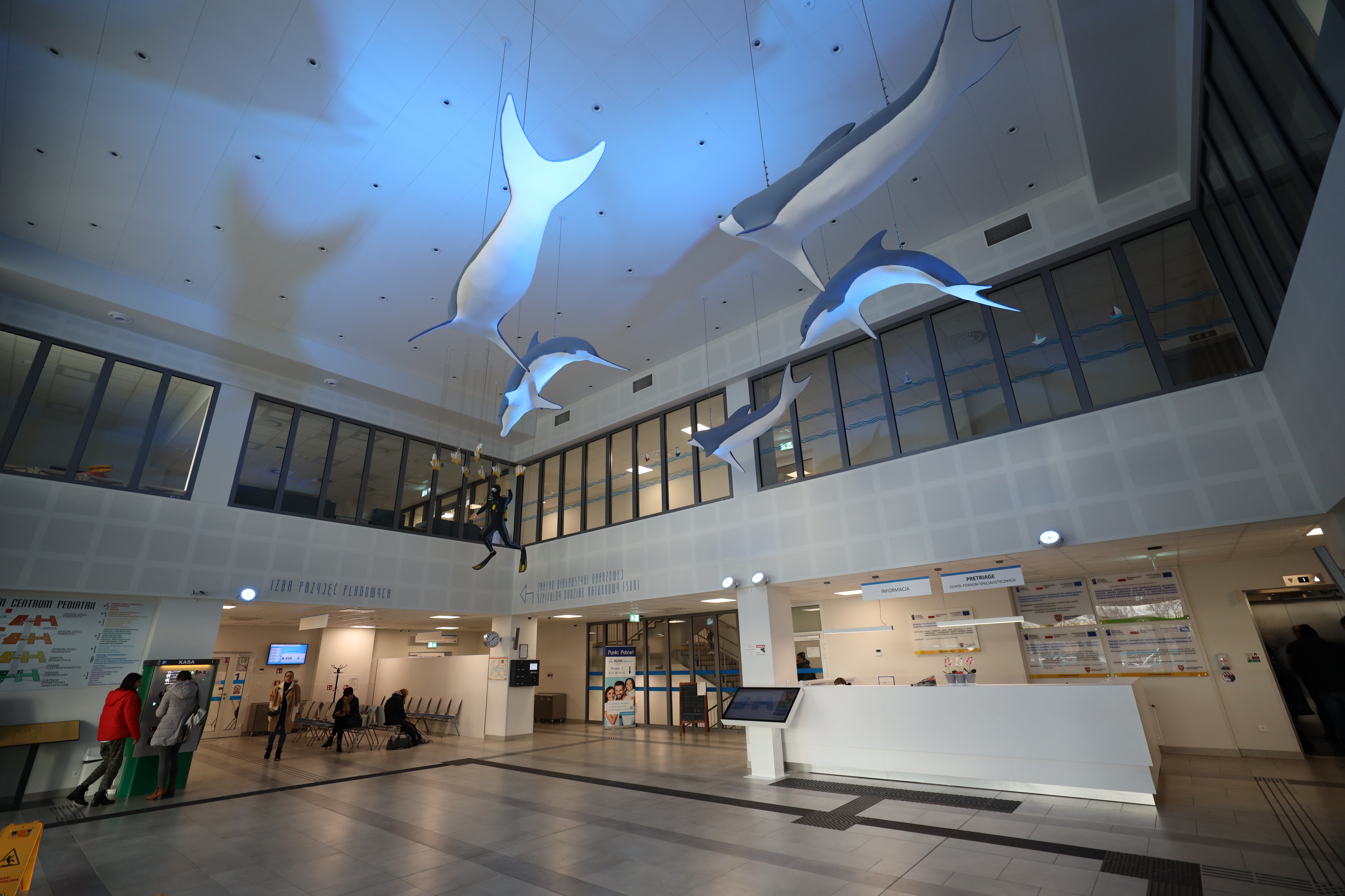 Duża sala z zawieszonymi rybami 