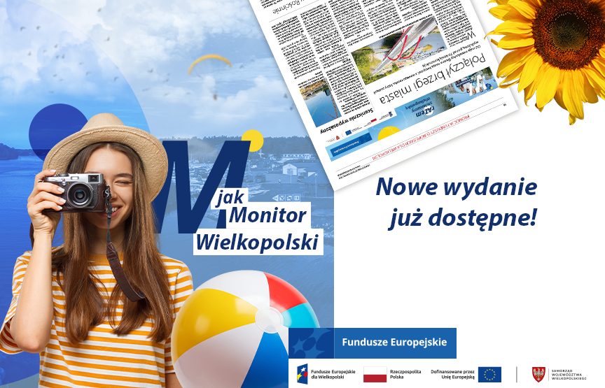 Widać jedną kobietę uśmiechnietą w aparatem i napis M jak Monitor Wielkopolski