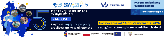 Na zdjęciu kontury woj. wielkopolskiego, a nim zaznaczone są miejsca na mapie, na dole napis "F jak Funduszowy maja"