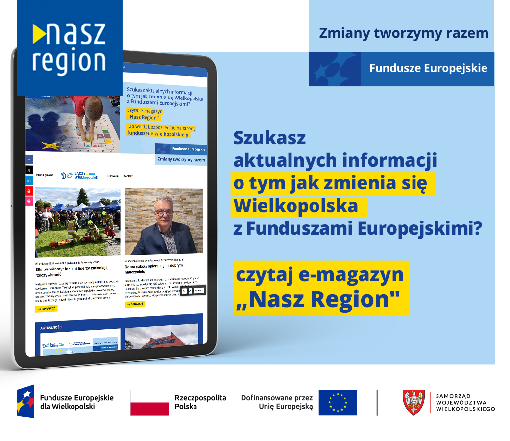 Na zdjęciu widać ekran tabletu w wyglądem strony, z prawej strony informacja, że jeśli szukasz informacji o naborach to czytaj e-magazyn Nasz Region
