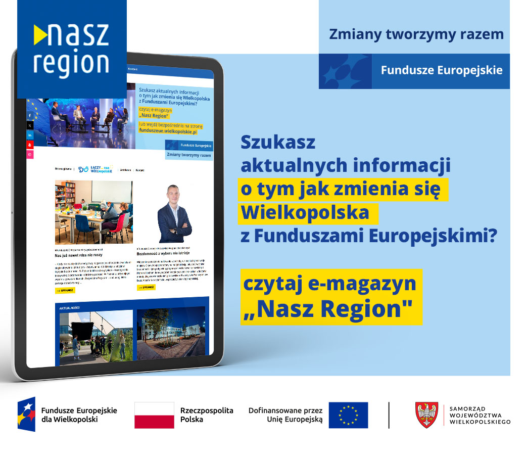 Na zdjęciu widać ekran tabletu w wyglądem strony, z prawej strony informacja, że jeśli szukasz informacji o naborach to czytaj e-magazyn Nasz Region