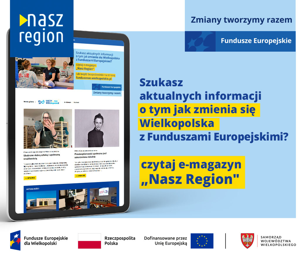 Na zdjęciu widać ekran tabletu w wyglądem strony, z prawej strony informacja, że jeśli szukasz informacji o naborach to czytaj e-magazyn Nasz Region