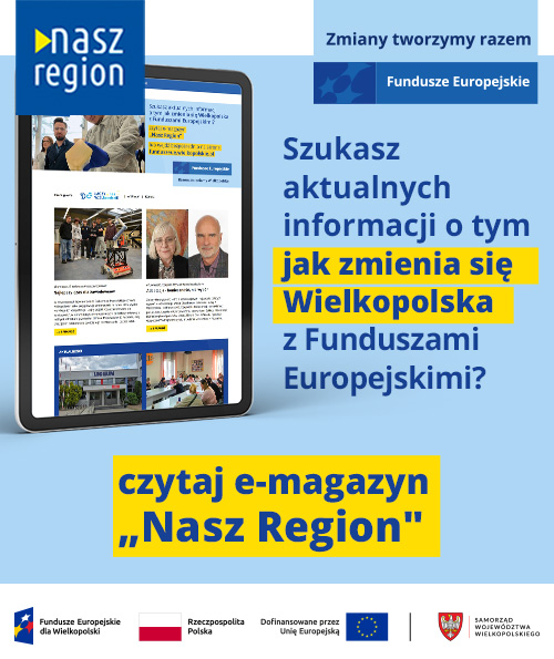 Na zdjęciu widać ekran tabletu w wyglądem strony, z prawej strony informacja, że jeśli szukasz informacji o naborach to czytaj e-magazyn Nasz Region