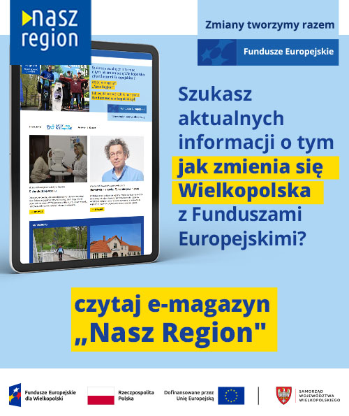 Na zdjęciu widać ekran tabletu w wyglądem strony, z prawej strony informacja, że jeśli szukasz informacji o naborach to czytaj e-magazyn Nasz Region