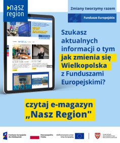 Grafika przedstawiająca tablet na którym wyświetlana jest treść ze zdjęciami. Pod spodem podpis "czytaj e-magazyn Nasz Region"