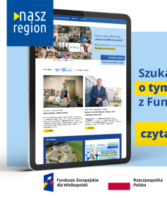 Na zdjęciu widać ekran tabletu w wyglądem strony, z prawej strony informacja, że jeśli szukasz informacji o naborach to czytaj e-magazyn Nasz Region