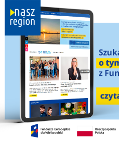 Na zdjęciu widać ekran tabletu w wyglądem strony, z prawej strony informacja, że jeśli szukasz informacji o naborach to czytaj e-magazyn Nasz Region
