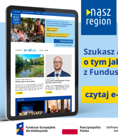 Na zdjęciu widać ekran tabletu w wyglądem strony, z prawej strony informacja, że jeśli szukasz informacji o naborach to czytaj e-magazyn Nasz Region