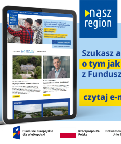 Na zdjęciu widać ekran tabletu w wyglądem strony, z prawej strony informacja, że jeśli szukasz informacji o naborach to czytaj e-magazyn Nasz Region