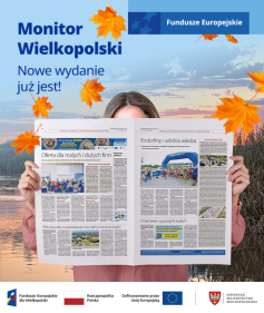 Na zdjęciu fragment gazety oraz w lewym górnym rogu hasło zachęcające do przeczytania Monitora Wielkopolskiego