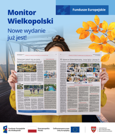 Na zdjęciu fragment gazety oraz w lewym górnym rogu hasło zachęcające do przeczytania Monitora Wielkopolskiego