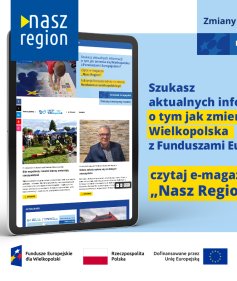 Na zdjęciu widać ekran tabletu w wyglądem strony, z prawej strony informacja, że jeśli szukasz informacji o naborach to czytaj e-magazyn Nasz Region
