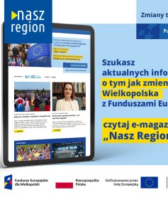Na zdjęciu widać ekran tabletu w wyglądem strony, z prawej strony informacja, że jeśli szukasz informacji o naborach to czytaj e-magazyn Nasz Region