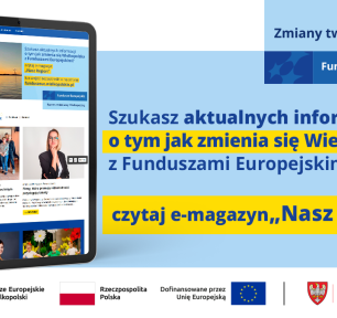Na zdjęciu widać ekran tabletu w wyglądem strony, z prawej strony informacja, że jeśli szukasz informacji o naborach to czytaj e-magazyn Nasz Region