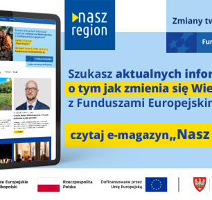 Na zdjęciu widać ekran tabletu w wyglądem strony, z prawej strony informacja, że jeśli szukasz informacji o naborach to czytaj e-magazyn Nasz Region