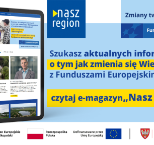 Na zdjęciu widać ekran tabletu w wyglądem strony, z prawej strony informacja, że jeśli szukasz informacji o naborach to czytaj e-magazyn Nasz Region