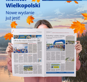Na zdjęciu fragment gazety oraz w lewym górnym rogu hasło zachęcające do przeczytania Monitora Wielkopolskiego
