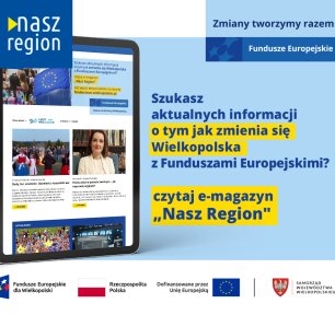 Na zdjęciu widać ekran tabletu w wyglądem strony, z prawej strony informacja, że jeśli szukasz informacji o naborach to czytaj e-magazyn Nasz Region