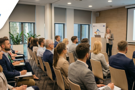 grupa osób siedzi na sali szkoleniowej i słucha prezentacji