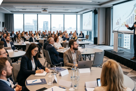 grupa osób siedzi w sali konferencyjnej przy stołach, na podwyższeniu stoi mężczyzna w garniturze przedstawiający prezentację