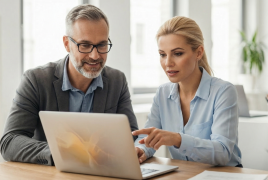 Kobieta i mężczyzna siedzą przed komputerem