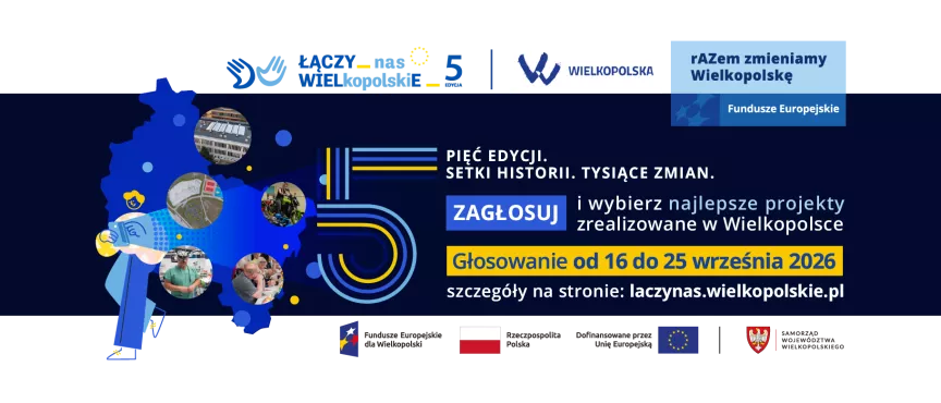 Na zdjęciu widać kontury woj. wielkopolskiego i duży napis pięć z tekstem zachęcającym do głosowania w plebiscycie 