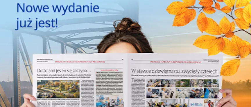 Na zdjęciu fragment gazety oraz w lewym górnym rogu hasło zachęcające do przeczytania Monitora Wielkopolskiego