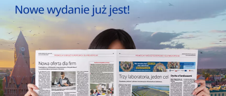 Na zdjęciu fragment gazety oraz w lewym górnym rogu hasło zachęcające do przeczytania Monitora Wielkopolskiego
