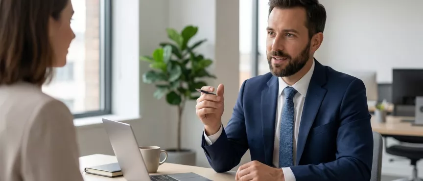 rozmowa klientki z konsultantem, obie osoby siedzą przy biurku, przed mężczyzną leży otwarty laptop 