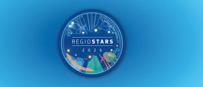 Logo konkursu w okrągłym kształcie z napisem Regio Stars, na niebieskim tle