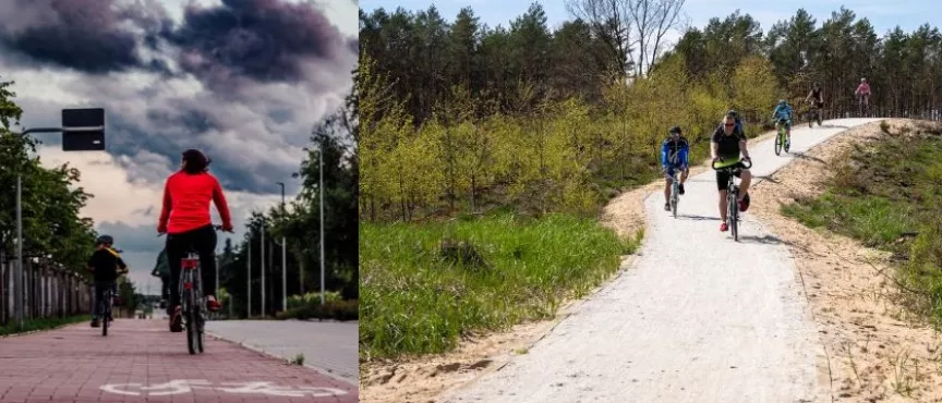 Widać trzy zdjęcia z udziałem rowerzystów, którzy jeżdżą po drogach rowerowych 