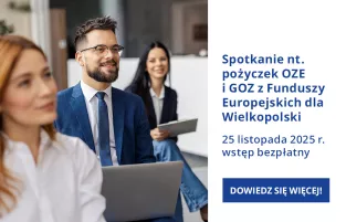 Na zdjęciu widać trzy osoby, w tym dwie kobiety. Wszyscy ubrani są biznesowo, słuchają wystąpienia. W tle napis Spotkanie na temat OZE.